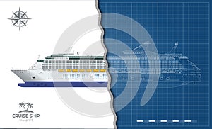 Isolated blueprint of cruise ship. Side view. Realistic 3d liner. Detailed drawing of modern marine vessel