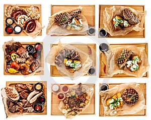 Isolated board of a grilled meat set menu collage