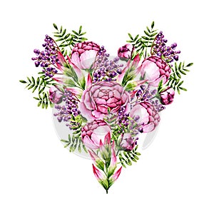 Isolated bouquet of watercolor peonies, sprigs and berries in a heart shape on white. Template with hand painted flowers