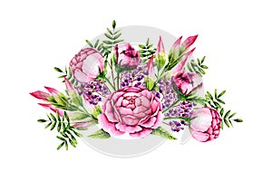 Isolated bouquet of watercolor peonies, sprigs and berries on white. Template with hand painted flowers and leaves