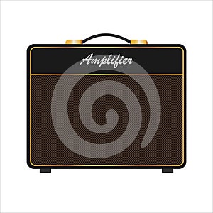 Isolated boutique black vintage electric guitar amplifier, equipment for musician flat logo or icon style, print for tee-shirt