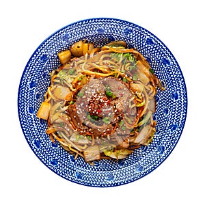 Isolated bowl of asian beef noodle wok dish