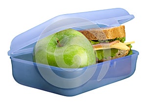 Lunchbox with an apple isolated on white photo