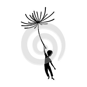 Isolated boy flying on dandelion seed. Dream scene. Black silhouette of fantasy adventure
