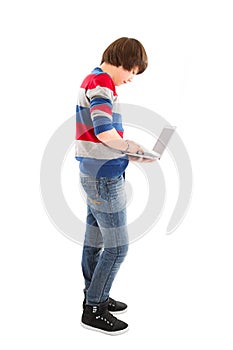 Isolated boy with laptop - always online