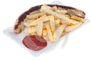 Isolated Bratwurst with French Fries