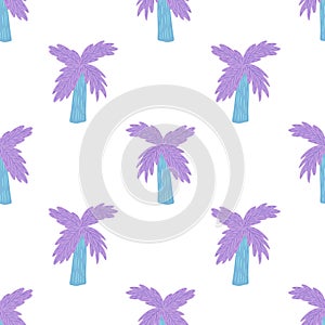 Isolated bright cartoon seamless pattern with simple purple palm tree silhouettes. White background