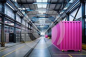 A isolated bright pink shipping container in a industrial warehouse, storage unit and logistics themes.