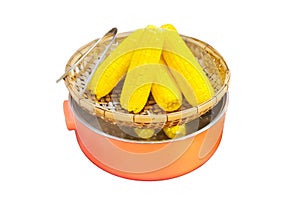 Isolated bright yellow corn cobs atop vibrant orange pot on transparent background photo