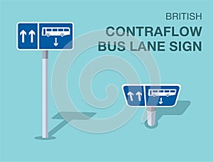 Isolated British contraflow bus lane sign. Front and top view.