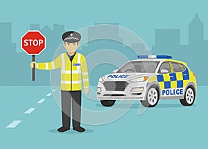 Isolated british traffic police officer holding a stop sign. Police suv car perspective front view.
