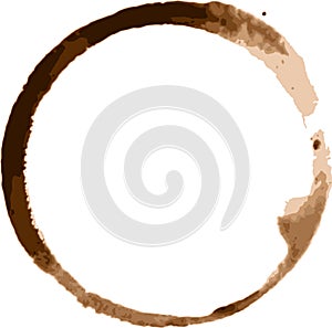 Isolated brown coffee cup stain ring forming a circle on a white background, perfect for representing a pause, a break