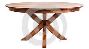 An isolated brown, light brown wooden round dining table in front of a white background. A series of furniture.