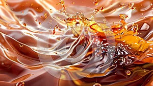 An isolated brown melt toffee syrup stream with splatters, flowing in a dynamic motion for ads promo designs, realistic
