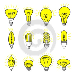 Isolated Bulbs of different types hand drawn doodle bulb set fluorescent, filament, halogen, diode and other illumination electric