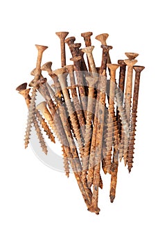 Isolated Bunch of Old Rusted Wood Screws and Nails