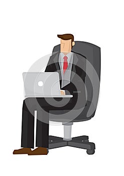 Isolated business man in a suit working on a laptop computer at his lap