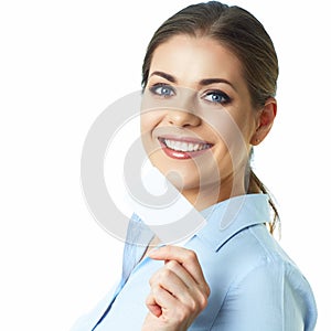 Isolated business woman face close up. Smile. Card.White backgr
