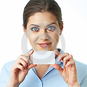 Isolated business woman face close up. Smile. Card.White backgr