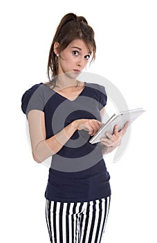 Isolated business woman in navy style holding a tablet computer.