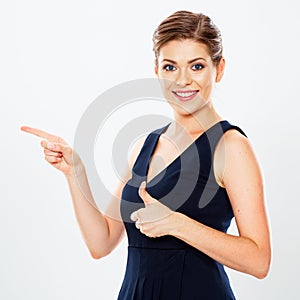 Isolated business woman portrait presenting copy space.