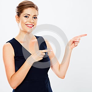 Isolated business woman portrait presenting copy space.