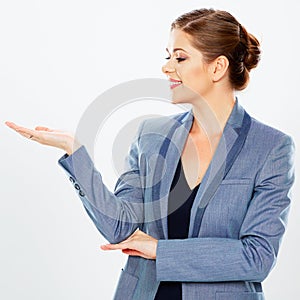 Isolated business woman portrait presenting copy space