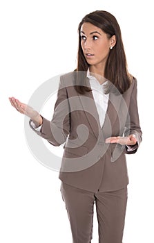 Isolated business woman presenting new product with hands.