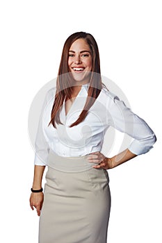 Isolated business woman, smile and standing as a leader for profile or ambition against a white studio background