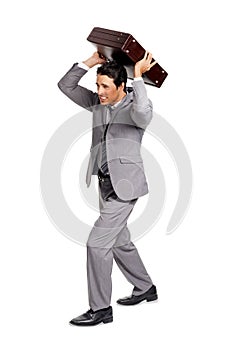 Isolated, businessman and throwing briefcase in stress from bankrupt finances or bad credit score, debt or money problem