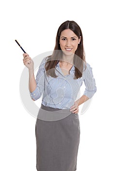 Isolated businesswoman presenting with a pen.