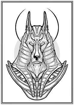 Isolated bust of a dark jackal in a crown and armor. Ancient Egyptian God - Anubis close-up, guardian of the scales on the trial