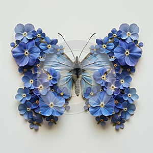 Isolated butterfly with decorated wings, blue vibrant flowers, themes of natures and natural beauty, floral art, copy