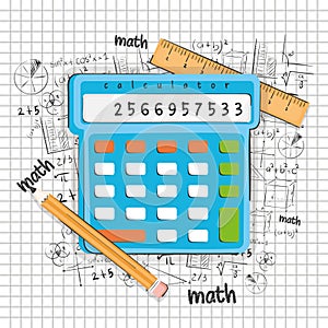 Isolated calculator with mathematical formulas Math class concept Vector