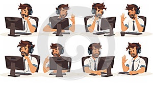 An isolated call center operator wearing a headset, chatting with a client via the internet. Technical hotline help desk