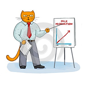 Isolated Cartoon Busness Cat On The Presentation. Funny and nice animal illustration for design, book design, kids