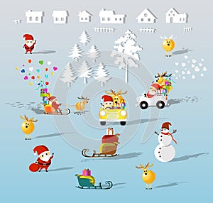 Isolated cartoon for christmas santa claus, reindeer, snowman, sledding, present