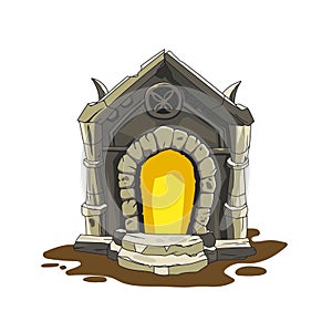 Isolated cartoon crypt. Halloween art of cemetery tomb. Gothic graveyard ruin. Fantasy ancient architecture