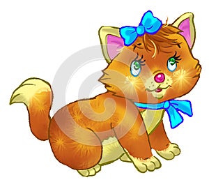 Isolated cartoon drawing of asmall red cat with blue bow