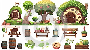 An isolated cartoon house with a dwarf or hobbit in a hillock, a lantern, a trolley with a watermelon and a wooden box photo
