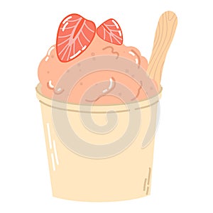 Isolated cartoon ice cream with strawberry sorbet in beige round box with a stick in flat vector style on white background.