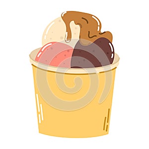 Isolated cartoon ice cream with three colorful ball in yellow round box in flat vector style on white background.