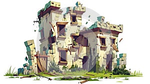 Isolated cartoon illustration of a destroyed building or damaged structure following a disaster.