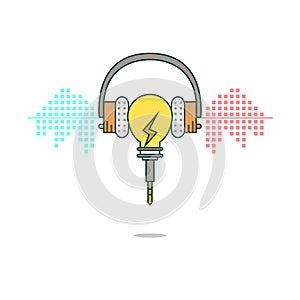 Isolated cartoon light bulb listening music with headphones