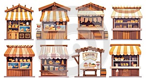 Isolated cartoon modern set of street food, market stalls, fair booths, striped awning, coffee, ice cream, and pizza