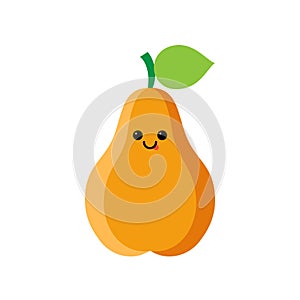 Isolated cartoon orange pear with kawaii face on white background. Colorful friendly pear fruit with green leaf. Cute funny