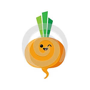 Isolated cartoon orange turnip with kawaii face on white background. Colorful friendly turnip vegetable. Cute funny personage.