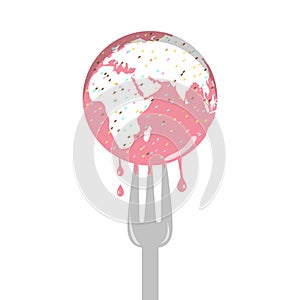 Isolated cartoon of pink sprinkle earth cake and fork