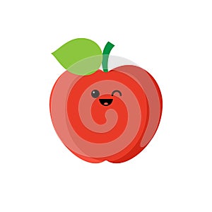 Isolated cartoon red apple with kawaii face on white background. Colorful friendly apple fruit with green leaf. Cute funny