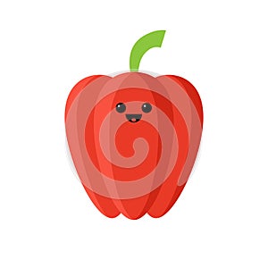 Isolated cartoon red paprika with kawaii face on white background. Colorful friendly sweet bell pepper vegetable. Cute funny